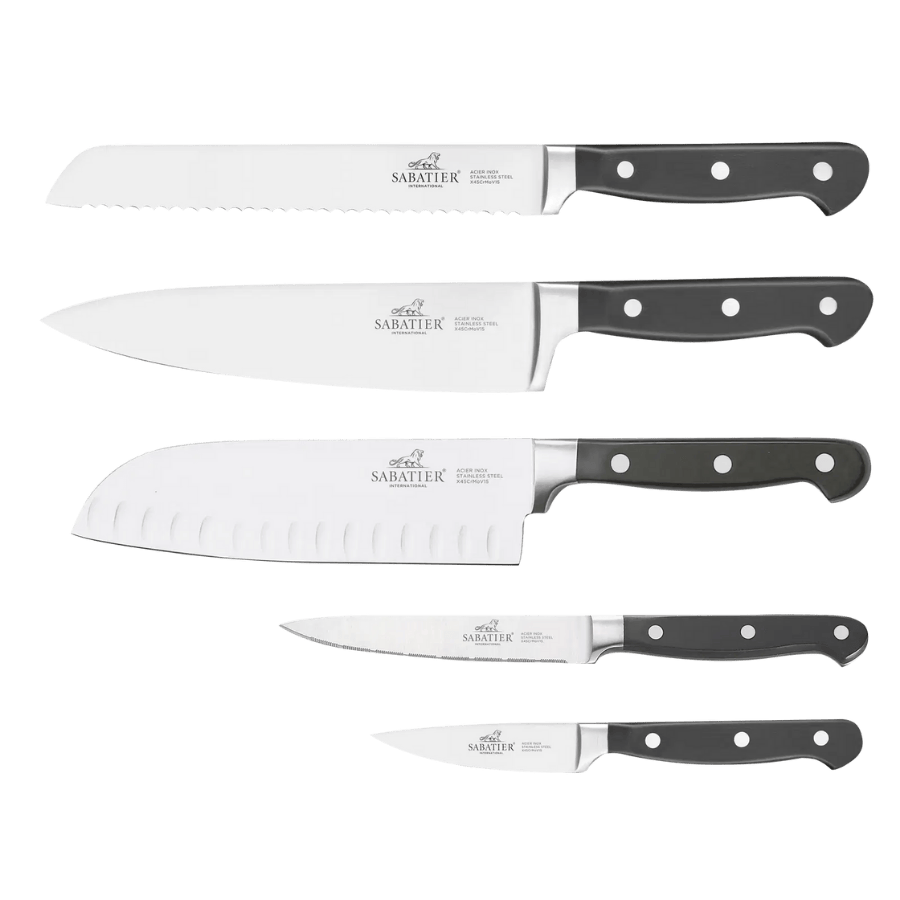 

Lion Sabatier Knivsæt 5 dele, urte, tomat, santoku, brød og kokkekniv i stål/sort, Pluton